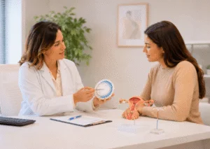 Mulher em consulta para escolher anticoncepcional com ginecologista em Varginha.